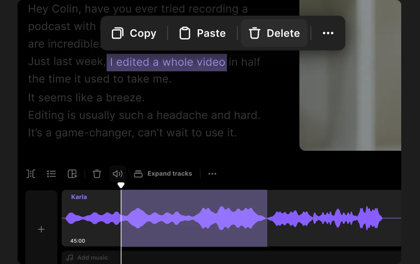 Screenshot of audio editing software showing a highlighted text saying 'I edited a whole video' with a purple waveform below labeled 'Karla' and a timeline at 45:00.